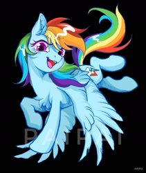 Size: 1600x1893 | Tagged: safe, artist:paipaishuaige, derpibooru import, rainbow dash, pegasus, pony, black background, chest fluff, ear fluff, ears, female, lightly watermarked, looking at you, mare, open mouth, open smile, simple background, smiling, smiling at you, solo, watermark