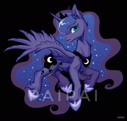 Size: 1688x1600 | Tagged: safe, artist:paipaishuaige, derpibooru import, princess luna, alicorn, pony, black background, ear fluff, ears, female, leg fluff, lightly watermarked, looking at you, mare, profile, simple background, solo, watermark