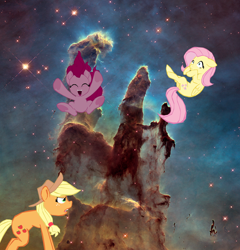 Size: 1280x1335 | Tagged: safe, artist:benpictures1, applejack, fluttershy, pinkie pie, earth pony, pegasus, pony, comic:ponies in the eagle nebula, applejack is not amused, applejack's hat, clothes, cute, diapinkes, ears, female, floppy ears, hat, jackabetes, mare, pillars of creation, pinkie being pinkie, shyabetes