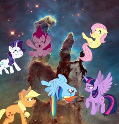 Size: 1280x1335 | Tagged: safe, artist:benpictures1, applejack, fluttershy, pinkie pie, rainbow dash, rarity, twilight sparkle, twilight sparkle (alicorn), alicorn, earth pony, pegasus, pony, unicorn, comic:ponies in the eagle nebula, applejack is not amused, applejack's hat, clothes, cute, dashabetes, diapinkes, female, hat, jackabetes, mare, pillars of creation, pinkie being pinkie, raribetes, shyabetes, twiabetes, twilight is not amused