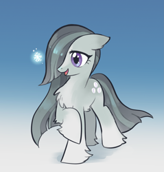 Size: 1909x2000 | Tagged: safe, artist:marbo, marble pie, pony, cute, female, hair over one eye, marblebetes, mare, open mouth, race swap, raised hoof, raised leg, snow, snowflake, snowpony (species), solo, taiga pony
