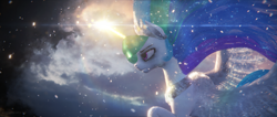 Size: 3840x1634 | Tagged: safe, artist:etherium-apex, princess celestia, alicorn, pony, the crystalling, 3d, blender, blender eevee, blizzard, cloud, determined, female, frown, glowing horn, horn, magic, mare, scene interpretation, snowfall, solo, wings
