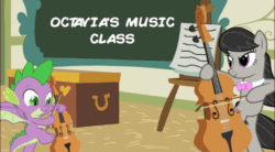 Size: 960x531 | Tagged: safe, edit, editor:undeadponysoldier, octavia melody, spike, earth pony, pony, bipedal, bowtie, cello, cello bow, chalk drawing, chalkboard, choker, classroom, confident, desk, female, happy, mare, musical instrument, paper, ponyville schoolhouse, school, student, teacher, teacher and student, teaching, winged spike