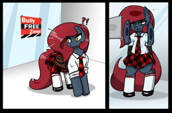 Size: 3162x2081 | Tagged: safe, artist:n-o-n, derpibooru import, oc, oc:jessi-ka, pony, against glass, bipedal, bully, clothes, glass, necktie, panel, school, skirt, socks, solo, spying