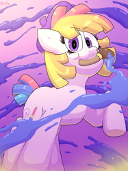 Size: 1249x1673 | Tagged: safe, artist:spritecranbirdie, derpibooru import, toola roola, earth pony, pony, abstract background, barrette, cutie mark, female, hat, paint, paintbrush, painting, solo, sparkles