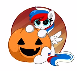 Size: 3670x3387 | Tagged: safe, artist:kittyrosie, derpibooru import, part of a set, oc, oc only, pegasus, pony, commission, halloween, holiday, pumpkin, solo, ych result