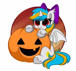 Size: 3670x3387 | Tagged: safe, artist:kittyrosie, derpibooru import, part of a set, oc, oc only, alicorn, bat pony, bat pony alicorn, pony, bat pony oc, bat wings, commission, halloween, holiday, horn, pumpkin, solo, wings, ych result