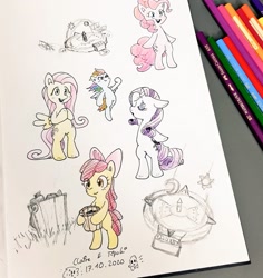 Size: 966x1024 | Tagged: safe, artist:fipoki, derpibooru import, apple bloom, fluttershy, pinkie pie, rainbow dash, rarity, earth pony, pegasus, pony, unicorn, bipedal, colored, female, filly, irl, mare, photo, sketch, traditional art