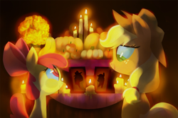 Size: 1500x1000 | Tagged: safe, artist:talonsofwater, derpibooru import, apple bloom, applejack, earth pony, pony, altar de muertos, apple sisters, candle, cempasúchil, dia de los muertos, duo, female, filly, implied bright mac, implied pear butter, mare, siblings, sisters