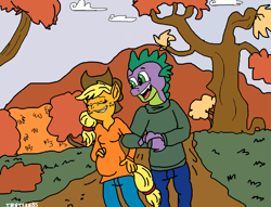 Size: 1267x970 | Tagged: safe, artist:tmntfan85, derpibooru import, applejack, spike, anthro, applespike, autumn, female, male, pregnant, shipping, straight, tree