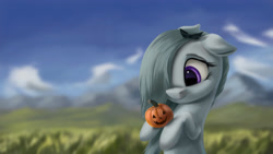 Size: 4000x2250 | Tagged: safe, artist:flusanix, derpibooru import, marble pie, earth pony, pony, cloud, cute, female, field, grass, holding, marblebetes, mare, mountain, pumpkin, rock, sky, smiling, solo