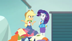 Size: 3410x1920 | Tagged: safe, derpibooru import, screencap, applejack, rarity, better together, equestria girls, rollercoaster of friendship, applejack's hat, belt, bracelet, clothes, cowboy hat, cutie mark, cutie mark on clothes, denim skirt, female, geode of shielding, geode of super strength, hairpin, hat, high res, jewelry, magical geodes, necklace, rarity peplum dress, skirt