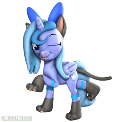 Size: 1080x1080 | Tagged: safe, artist:christian69229, derpibooru import, oc, oc only, oc:lulu star moonie, alicorn, pony, 3d, :p, alicorn oc, animal costume, bow, cat costume, cat ears, cat tail, clothes, costume, horn, looking at you, not luna, one eye closed, paw gloves, simple background, solo, source filmmaker, tail, tongue, tongue out, transparent background, wings, wink, winking at you