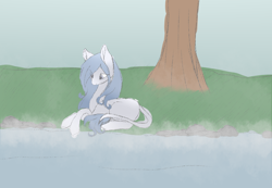 Size: 1206x834 | Tagged: safe, artist:daringpineapple, derpibooru import, oc, oc only, pony, deviantart watermark, female, grass, leonine tail, lying down, mare, obtrusive watermark, outdoors, river, solo, tail, tree, watermark