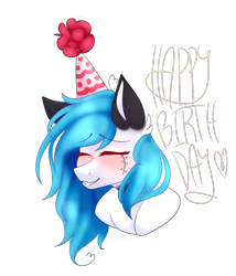 Size: 1353x1581 | Tagged: safe, artist:daringpineapple, derpibooru import, oc, oc only, oc:beats, pony, blushing, bust, eyes closed, female, happy birthday, hat, mare, party hat, simple background, solo, transparent background