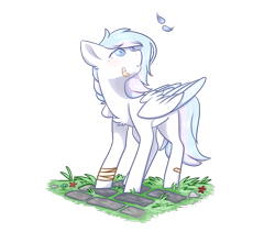 Size: 1183x997 | Tagged: safe, artist:daringpineapple, derpibooru import, oc, oc only, oc:winter lullaby, pegasus, pony, bandage, bandaid, chest fluff, female, flower, folded wings, grass, looking up, mare, simple background, solo, standing, transparent background, wings