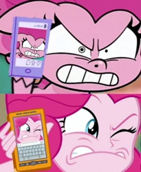 Size: 1717x2096 | Tagged: safe, derpibooru import, edit, screencap, pinkie pie, equestria girls, equestria girls series, forgotten friendship, my little pony: pony life, pie vs. pie, angry, angry pinkie pie, cellphone, close-up, comparison, phone, pinkie pie is best facemaker, pinkie rage, rage, same energy, smartphone