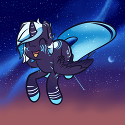 Size: 3000x3000 | Tagged: safe, artist:zombietator, derpibooru import, oc, oc only, alicorn, pony, alicorn oc, aurora borealis, colored hooves, crescent moon, female, flying, horn, mare, moon, night, solo, stars, tattoo, wings