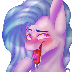 Size: 4000x4000 | Tagged: safe, artist:ermy-poo, derpibooru import, oc, oc only, blushing, bust, candy, fangs, female, food, lollipop, mare, simple background, solo, tongue, tongue out, transparent background