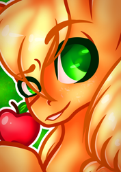 Size: 2480x3508 | Tagged: safe, artist:ermy-poo, derpibooru import, applejack, pony, apple, bust, female, food, mare, solo