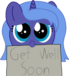 Size: 1893x2072 | Tagged: safe, artist:theunidentifiedchangeling, derpibooru import, princess luna, alicorn, pony, cute, digital, digital art, female, filly, get well soon, holding, horn, looking at you, smiling, smiling at you, solo, woona, younger