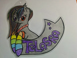 Size: 1600x1200 | Tagged: safe, artist:telasra, derpibooru import, oc, oc only, pony, unicorn, bust, clothes, eyelashes, female, horn, mare, rainbow socks, smiling, socks, solo, striped socks, traditional art, unicorn oc