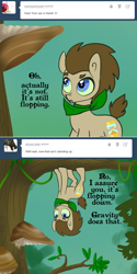 Size: 650x1302 | Tagged: safe, artist:toadstool-prancer, derpibooru import, doctor whooves, oc, oc:tantamount, earth pony, pony, disguise, disguised changeling, solo, tantamount time turner, tree, upside down