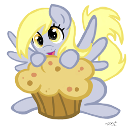 Size: 1200x1200 | Tagged: safe, artist:telasra, derpibooru import, derpy hooves, pegasus, pony, eyelashes, female, food, mare, micro, muffin, simple background, smiling, solo, white background, wings