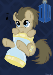 Size: 595x842 | Tagged: safe, artist:telasra, derpibooru import, doctor whooves, earth pony, pony, abstract background, hourglass, male, micro, music notes, smiling, solo, stallion