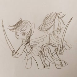 Size: 540x540 | Tagged: safe, artist:snowzaaah, derpibooru import, applejack, rainbow dash, earth pony, pegasus, pony, appledash, appledashdailydoodles, crossover, doodle, female, lesbian, monochrome, pencil drawing, revue starlight, shipping, sketch, traditional art