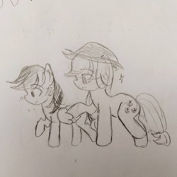 Size: 640x640 | Tagged: safe, artist:snowzaaah, derpibooru import, applejack, rainbow dash, earth pony, pegasus, pony, appledash, appledashdailydoodles, doodle, female, lesbian, monochrome, pencil drawing, shipping, sketch, traditional art