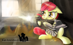 Size: 2500x1530 | Tagged: safe, artist:chopsticks, derpibooru import, apple bloom, earth pony, pony, clothes, dress, female, filly, gun, gunslinger girl, p90, parody, solo, weapon