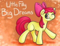 Size: 3850x2975 | Tagged: safe, artist:kitty--bell, derpibooru import, apple bloom, earth pony, pony, female, filly, one eye closed, solo, text, wink