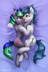 Size: 2000x3000 | Tagged: safe, artist:jedayskayvoker, derpibooru import, oc, oc only, oc:ironsides, oc:sparky, earth pony, pony, unicorn, blushing, cuddling, cute, gay, looking at each other, male