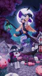 Size: 1706x3034 | Tagged: safe, artist:inowiseei, derpibooru import, oc, oc only, bat, pegasus, pony, unicorn, broom, duo, female, fence, flying, flying broomstick, grin, halloween, hat, holiday, house, jack-o-lantern, lantern, lookinf up, looking at each other, looking down, mare, moon, night, pumpkin, pumpkin bucket, sign, skull, witch hat