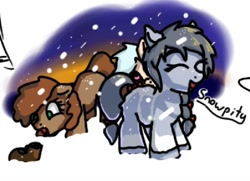 Size: 1006x729 | Tagged: safe, artist:neuro, derpibooru import, oc, oc only, oc:evergreen, oc:puffins, earth pony, pony, boots, bow, duo, eyes closed, female, filly, fluffy, hair bow, shoes, snow, snowfall, snowpity, snowpony (species), taiga pony, tail, tail bow, unshorn fetlocks, yakutian horse