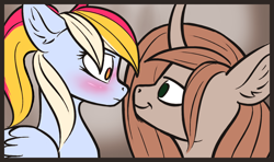 Size: 1316x780 | Tagged: safe, artist:colourwave, derpibooru import, oc, oc only, oc:caelicus dawnus, oc:colourwave, alicorn, pegasus, pony, alicorn oc, blushing, chin fluff, ears, embarrassed, eye contact, female, floppy ears, horn, infatuation, looking at each other, male, mare, multicolored hair, pegasus oc, ponytail, shipping, smiling, stallion, wings