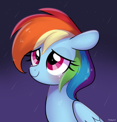 Size: 1900x2000 | Tagged: safe, artist:darkynez, derpibooru import, rainbow dash, pegasus, pony, blushing, bust, crying, female, folded wings, lidded eyes, looking at you, mare, night, rain, sad, smiling, solo, teary eyes, three quarter view, wings