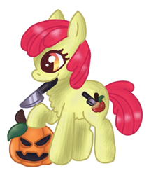 Size: 825x953 | Tagged: safe, artist:crazygreenfluff, derpibooru import, apple bloom, earth pony, pony, alternate cutie mark, female, filly, knife, pumpkin, simple background, solo, white background