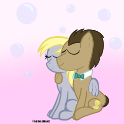 Size: 3600x3600 | Tagged: safe, artist:blinkshake, derpibooru import, derpy hooves, doctor whooves, earth pony, pegasus, pony, g4, brown mane, doctorderpy, eyes closed, female, high res, holding, hug, male, mare, shipping, sitting, smiling, snuggling, stallion, straight, winghug, wings, yellow mane