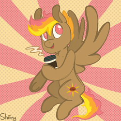 Size: 2000x2000 | Tagged: safe, artist:shiiiny, derpibooru import, oc, oc:mocha sunrise, pegasus, pony, brown fur, coffee, cutie mark, female, floating, flying, looking up, mare, pink eyes, screentone, smiling, solo, steam