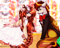 Size: 4000x3179 | Tagged: safe, artist:krissstudios, derpibooru import, oc, oc only, oc:ondrea, pegasus, pony, braid, clothes, dress, female, male, mare, stallion, suit, wedding dress