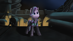 Size: 5120x2880 | Tagged: safe, artist:dreamingofpony, derpibooru exclusive, derpibooru import, starlight glimmer, cyborg, pony, unicorn, amputee, augmented, clothes, cyberpunk, equestria girls outfit, female, high res, mare, night, prosthetic leg, prosthetic limb, prosthetics, smiling, solo, vest