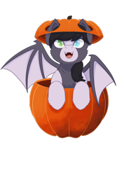 Size: 2480x3508 | Tagged: safe, artist:backgroundpony#f352, derpibooru import, oc, oc only, oc:eden, bat pony, pony, bat wings, commission, cute, cute little fangs, eyes open, fangs, female, fluffy, halloween, halloween 2021, heterochromia, holiday, mare, pumpkin, simple background, solo, transgender, transparent background, wings, ych result, your character here