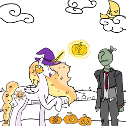 Size: 2000x2000 | Tagged: safe, artist:notawriteranon, princess celestia, oc, oc:anon, spider, undead, zombie, /sun/, gravestone, halloween, jack-o-lantern, moon, nightmare night, pumpkin, simple background, white background, witch hat