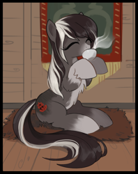 Size: 1879x2369 | Tagged: safe, artist:marbo, oc, oc only, oc:pine ponder, pony, chest fluff, coat markings, cute, dorsal stripe, eyes closed, female, fluffy, indoors, inside, mare, pale belly, rug, sitting, snowpony (species), socks (coat marking), solo, taiga pony, tapestry, tea, teacup