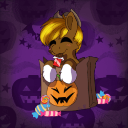 Size: 719x719 | Tagged: safe, artist:bluemoon, oc, oc only, oc:acres, earth pony, pony, animated, bag, blonde, blonde mane, brown coat, candy, chocolate, coat markings, cowboy hat, cute, earth pony oc, eating, eyes closed, halloween, jack-o-lantern, lollipop, male, mouth hold, pumpkin, smiling, solo, stallion