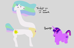 Size: 900x583 | Tagged: safe, artist:2merr, artist:anonymous, edit, ponerpics import, princess celestia, twilight sparkle, unicorn twilight, alicorn, pony, unicorn, 4chan, :), alternate cutie mark, bazinga, birthday, cutie mark, dialogue, dot eyes, drawn on phone, drawthread, duo, duo female, ears, female, floppy ears, gray background, hat, horn, long neck, mare, necc, party hat, peytral, princess necklestia, requested art, simple background, smiling, star of david