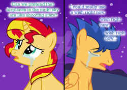 Size: 1920x1358 | Tagged: safe, artist:autisticeli, derpibooru import, flash sentry, sunset shimmer, pony, unicorn, aeroplanes and meteor showers, airplanes (song), crying, eyes closed, female, flashimmer, male, meme, open mouth, shipping, straight