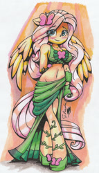 Size: 1024x1785 | Tagged: safe, artist:shadowhawx, derpibooru import, fluttershy, anthro, pegasus, adonis belt, belly button, blushing, clothes, dress, ears, floppy ears, gala dress, looking at you, midriff, smiling, solo, traditional art